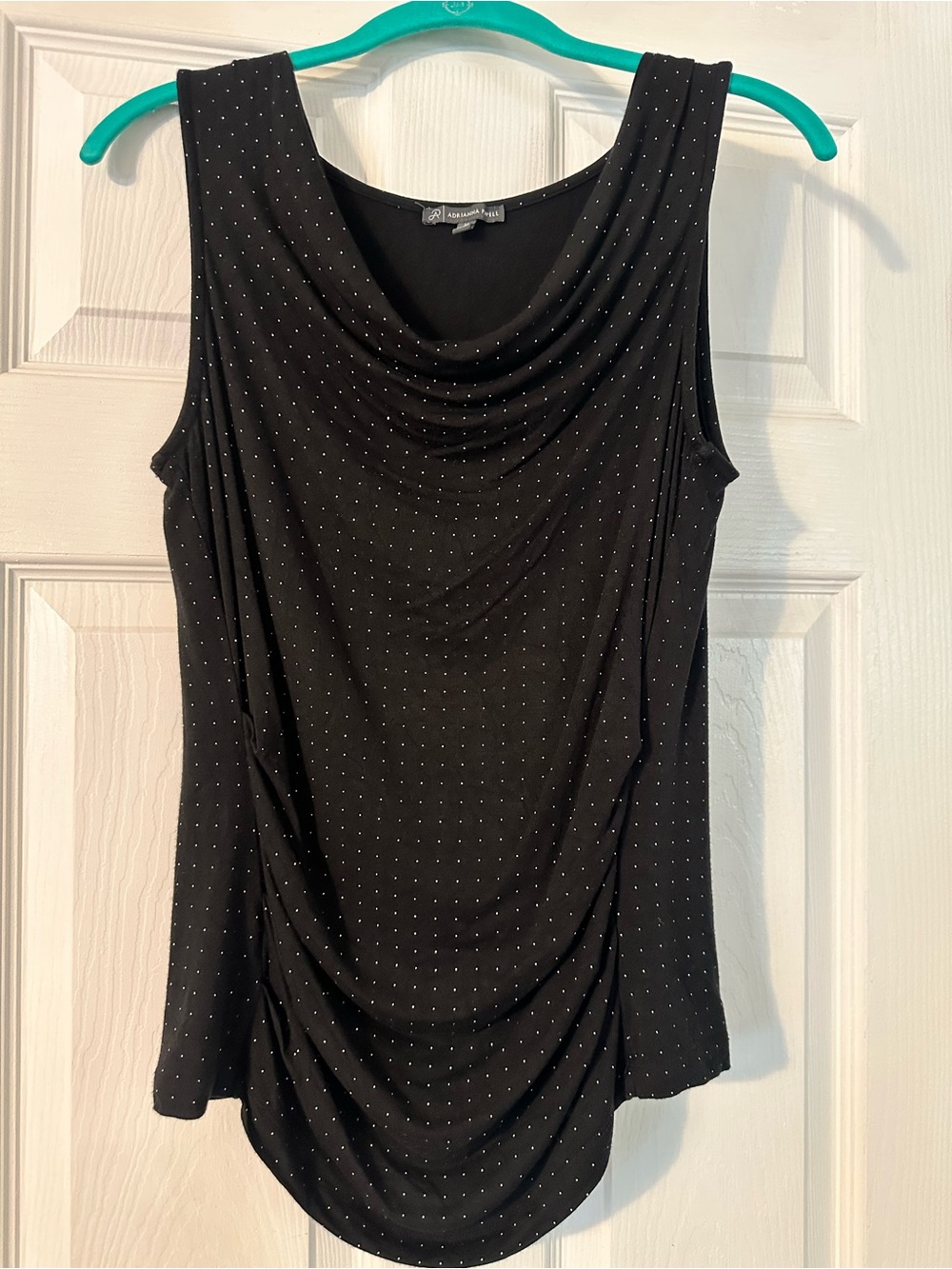 Black Sleeveless Drape Neck Top with White Dot Detail Ruched Sides M